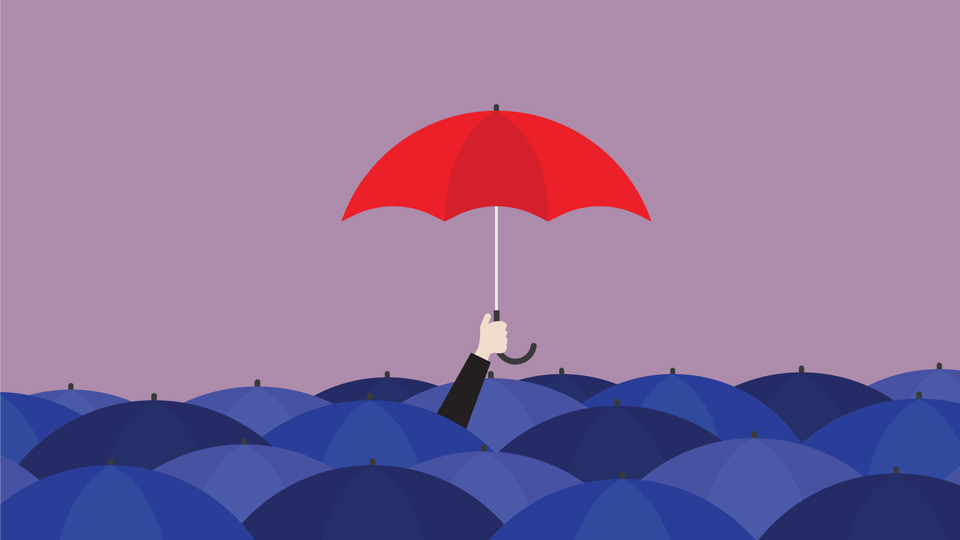 Cartoon businessman holding a red umbrella in a crowd of a blue umbrellas