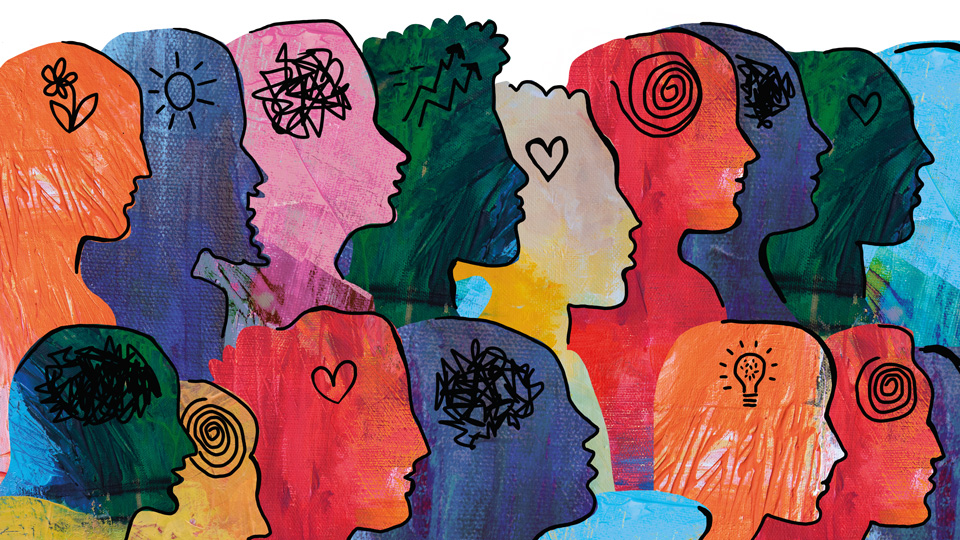 Large Group of diverse people profile view hand drawn, with different emotional / mental states and thoughts 