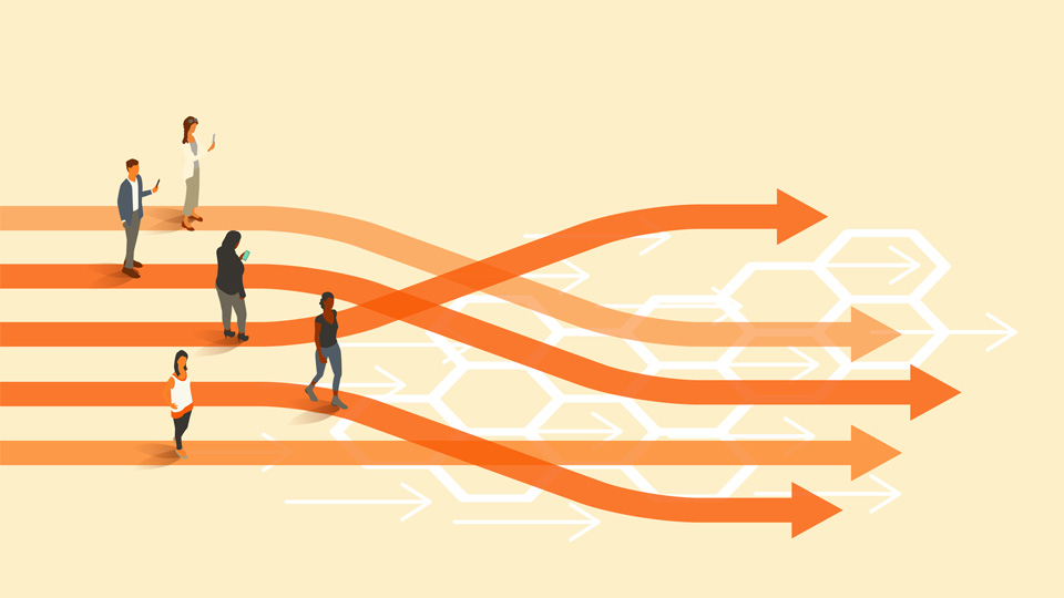 Five people stand on a set of orange parallel arrows that are seen reshuffling or realigning, illustrating the concept of a reorganisation or remixing of job roles 