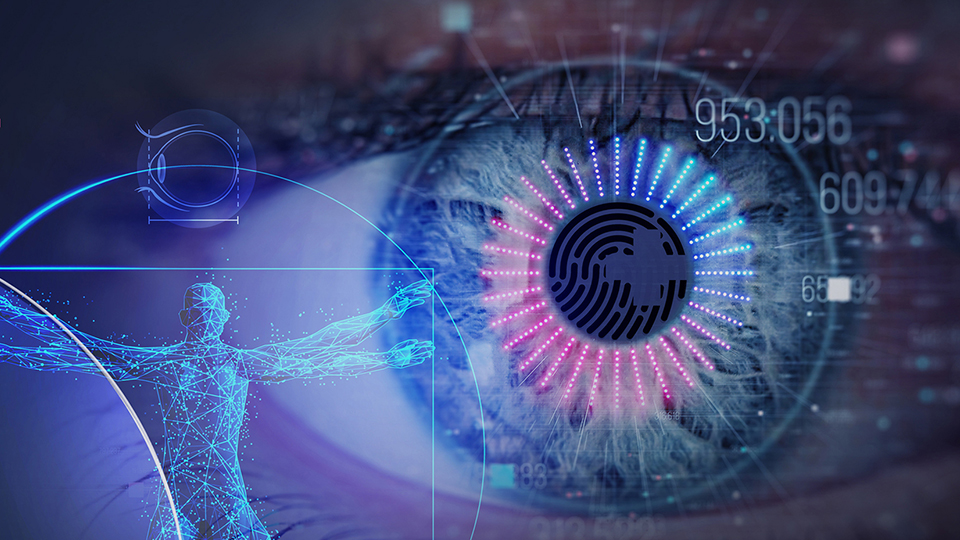 A biometric image of an eye in blue and purple