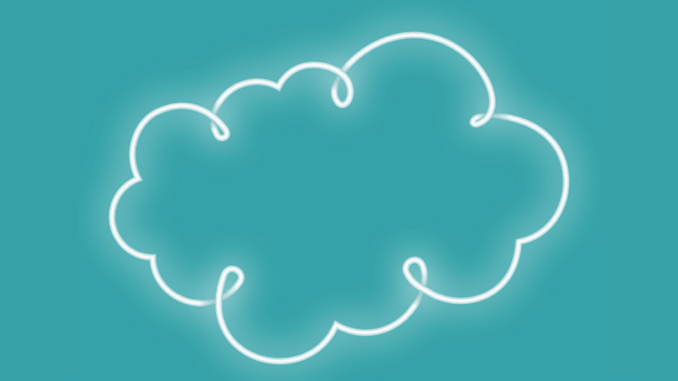 An illustration of a white neon light pipe curled into a cloud shape and presented on a teal background