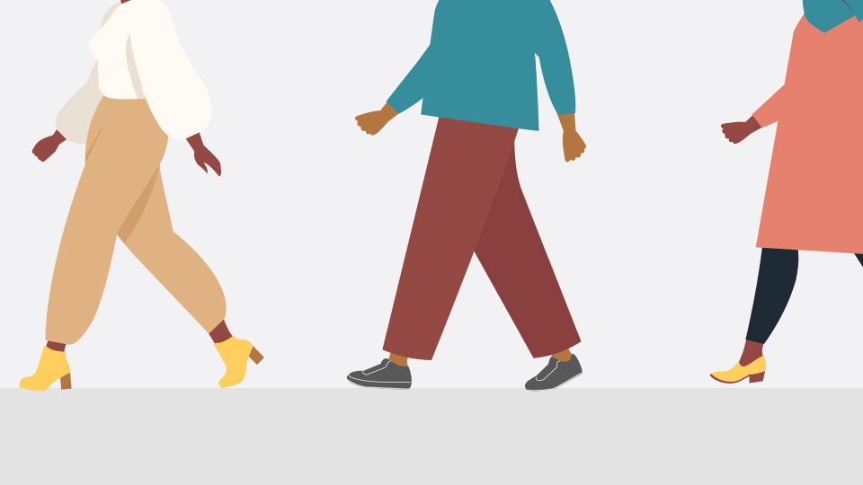 animation showing three peoples legs