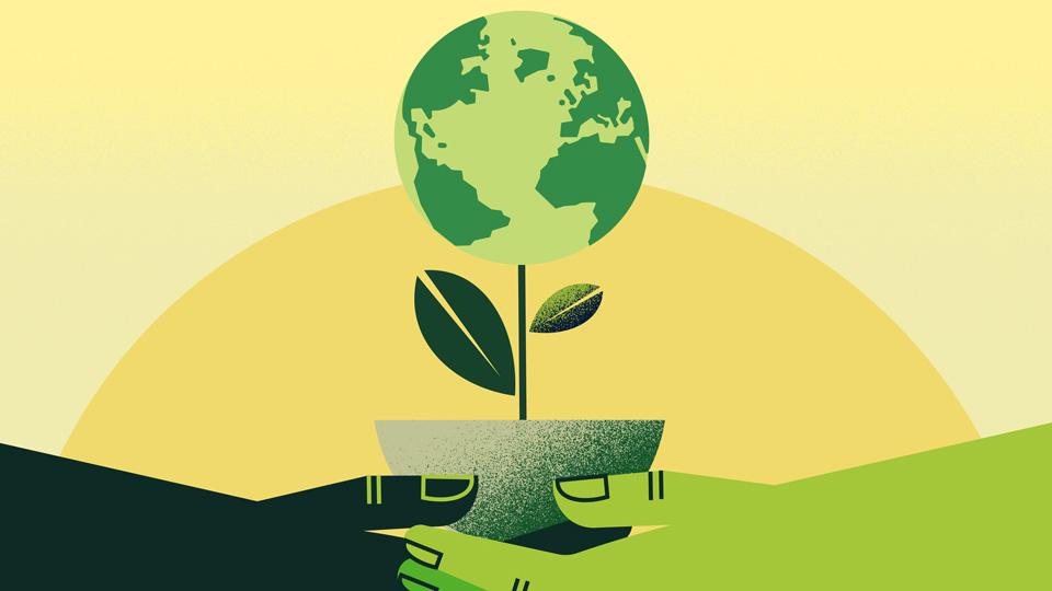  Vector image shows green and black cartoon hands holding onto a pot plant that represents planet earth 