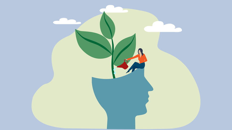 Illustration of a woman watering a plant inside a head 
