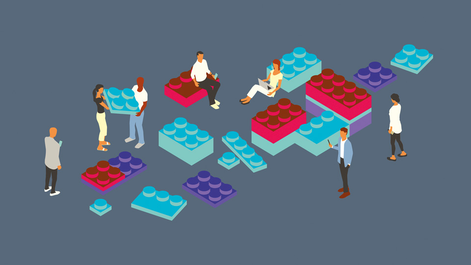 A number of cartoon people work together to put together building blocks to highlight a metaphor for progress 