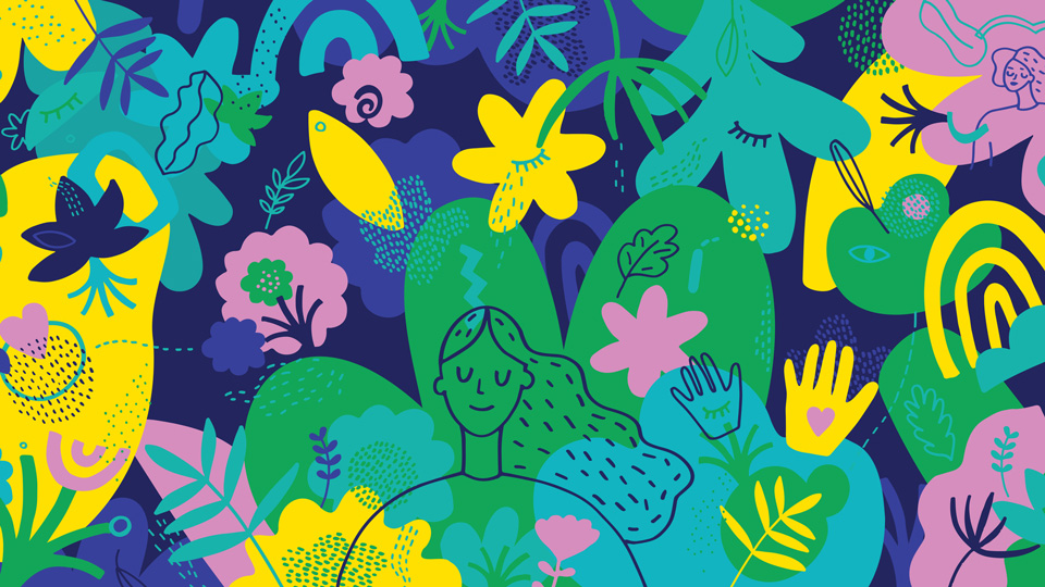  Mindfulness illustration that is yellow, pink, blue and green 