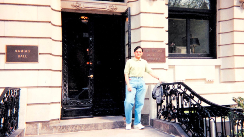 Dr Rohit Narayan outside his hall when he was studying at the New England College of Optometry in Boston, Massachusetts. 