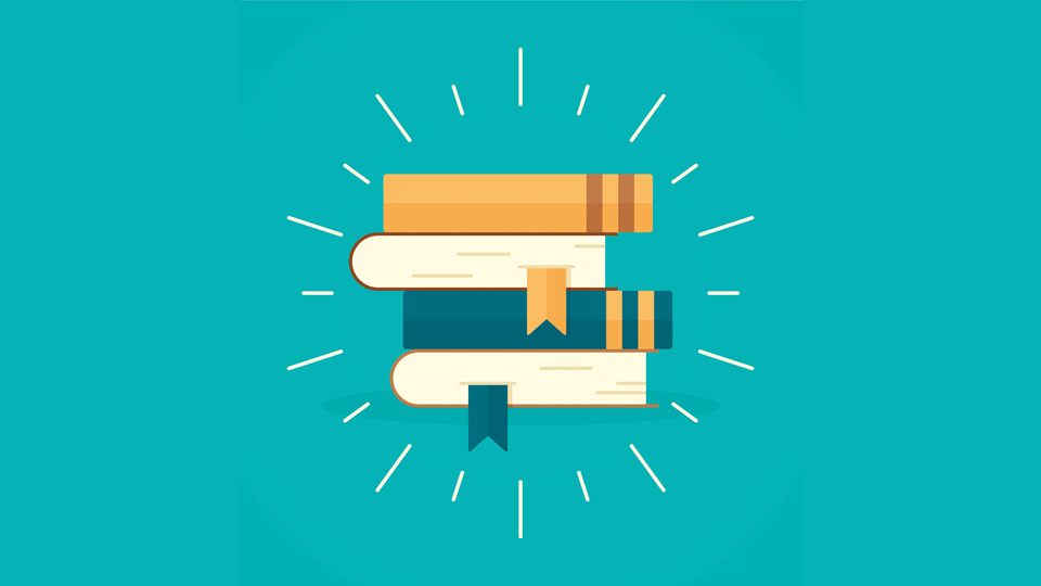 An cartoon image of library books piled up on a turquoise background  