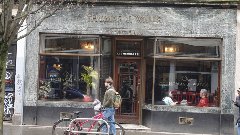 The outside of Thomas J Walls building in Edinburgh. The building had been converted into a coffee shop but retains many of the features from the original optical practice