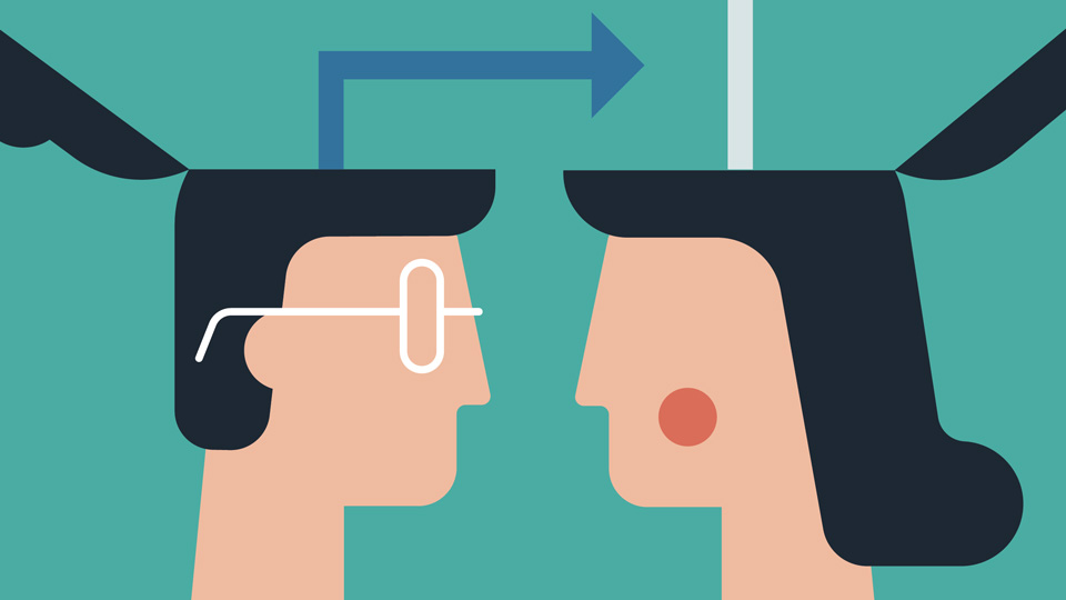 An illustration of two figures, arrows are rising from the tops of their heads and crossing over, representing an exchange of knowledge 