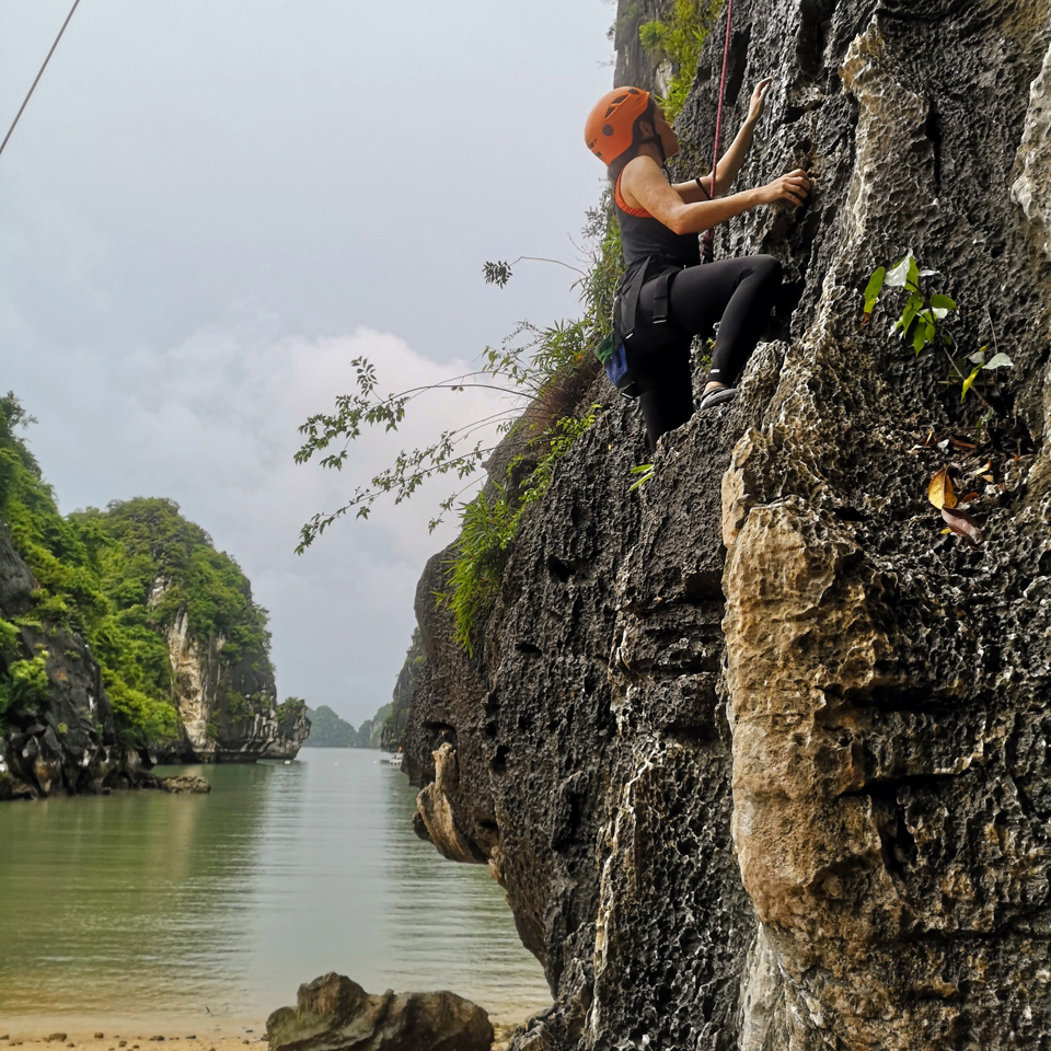 Fiona Buckmaster climbs at Lan Ha Bay during her downtime from working as an optometry lecturer at Hanoi Medical University.