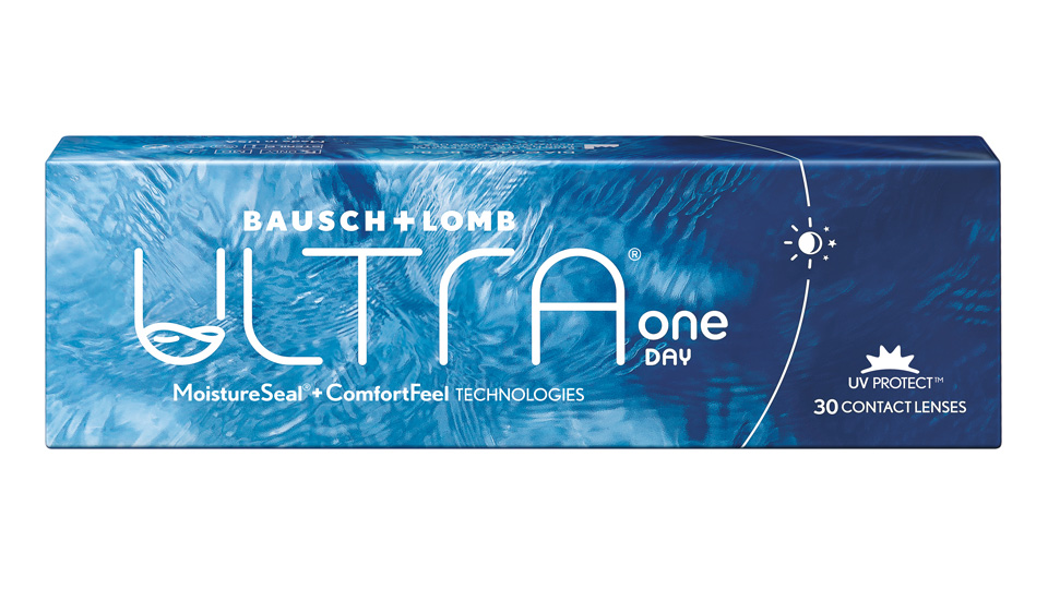 A blue contact lens box, with a rippled water effect and white text stating: Bausch + Lomb Ultra One Day, MoistureSeal + ComfortFeel Technologies, UV Protect, 30 Contact lenses