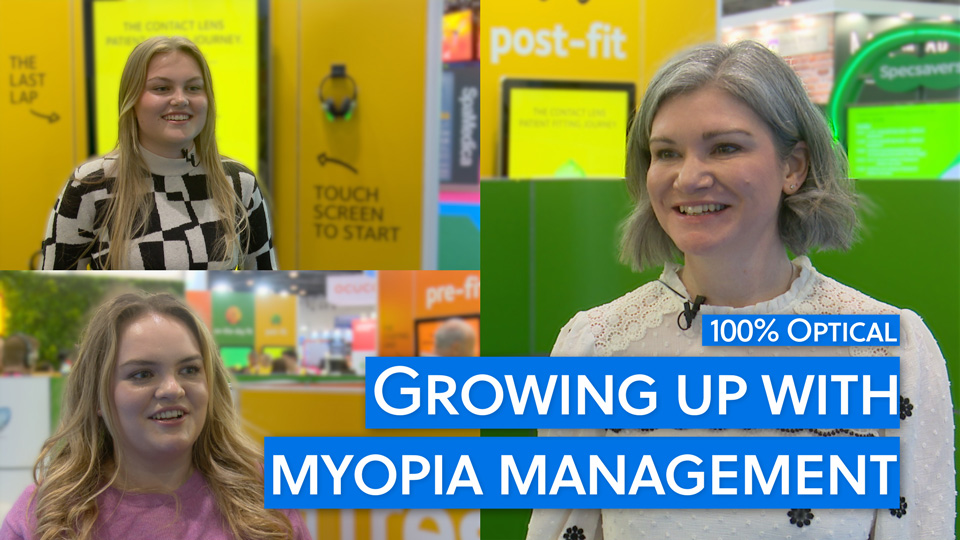 A collage of three images of Elizabeth Lumb, Leila, and Lily, being interviewed on CooperVision’s stand at 100% Optical. Text overlaid reads ‘100% Optical. Growing up with myopia management.’ 