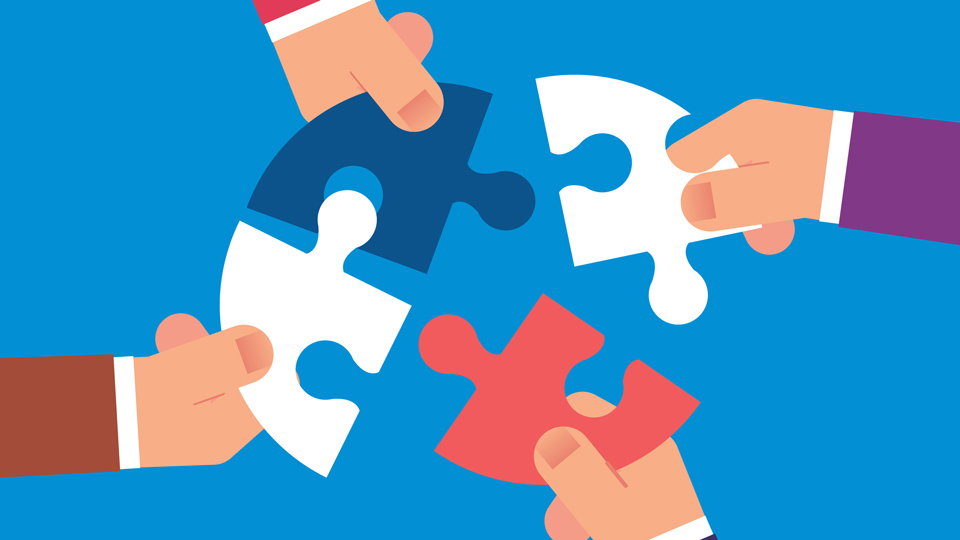 Illustration of four hands holding a puzzle 