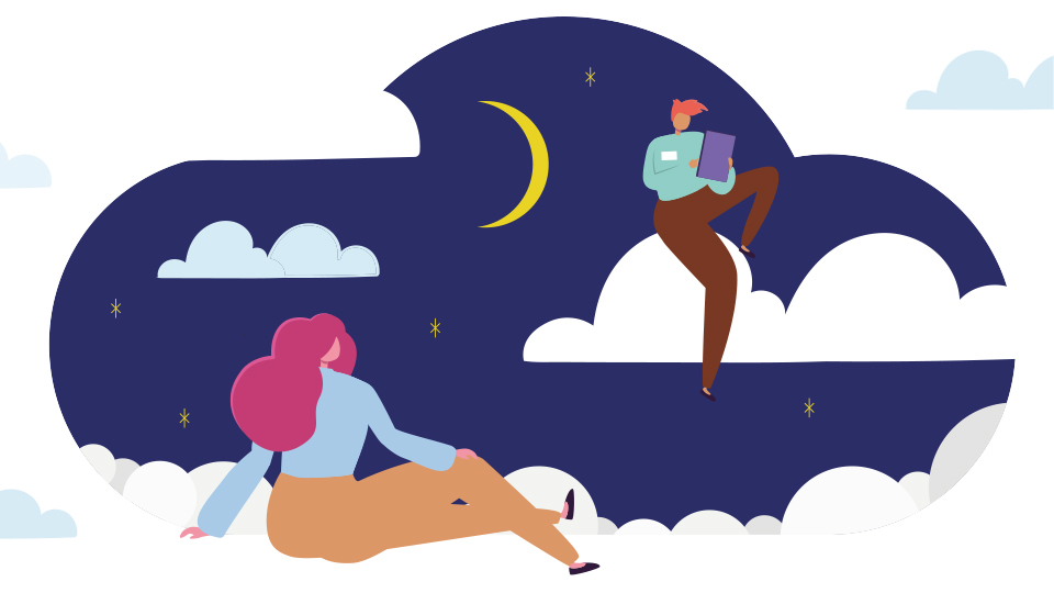 Animation of two people sitting in a cloud