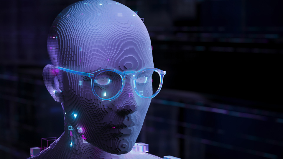 A computer-generated image of a blue-purple 3D pixellated human head wearing glasses. The effect is very technological. 