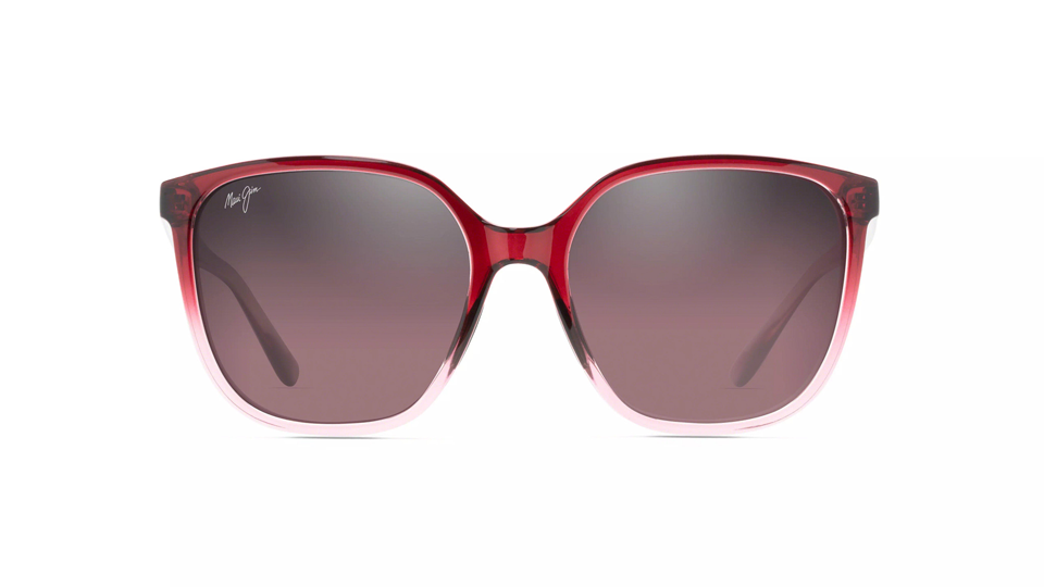 A pair of large, rounded frames with a gradient red to clear front and brown lenses