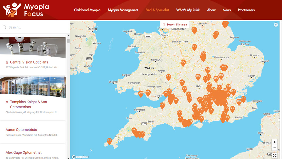A graphic of a map of the UK with orange pins indicating myopia management specialists. On the left is a list of local services. The website has the Myopia Focus logo 
