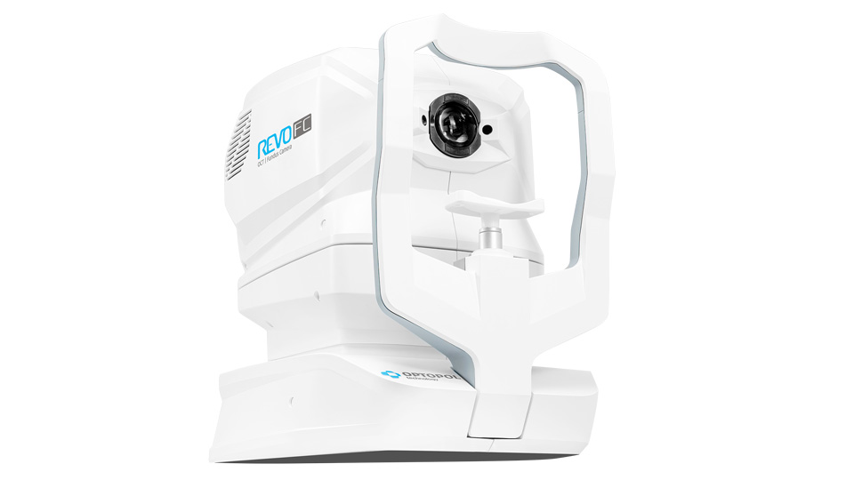 A white OCT device is angled with the camera and chin rest presented to the camera 