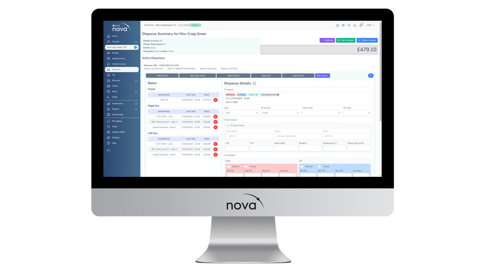A rendering of a desktop screen, with the Nova branding, displays a screen of the practice management system