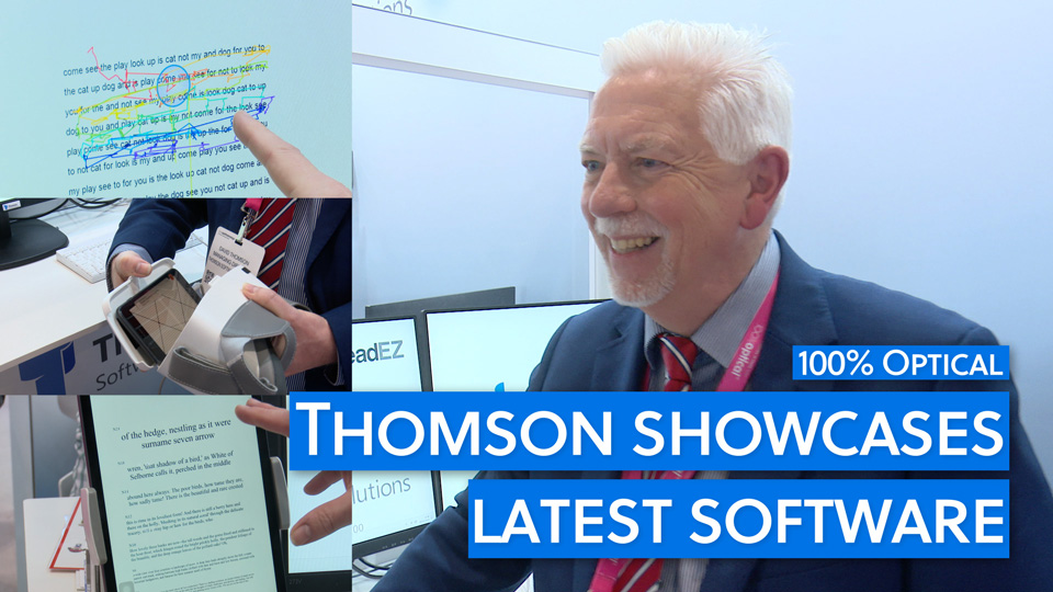A collage of screenshots from an interview with Professor David Thomson, who smiles mid-conversation, on the right hand of the image. On the left are two images of screens with text, and a virtual reality headset 