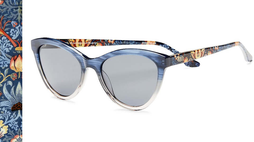 A cat’s eye style frame with a print of William Morris’ ‘Strawberry Thief’ on the sides
