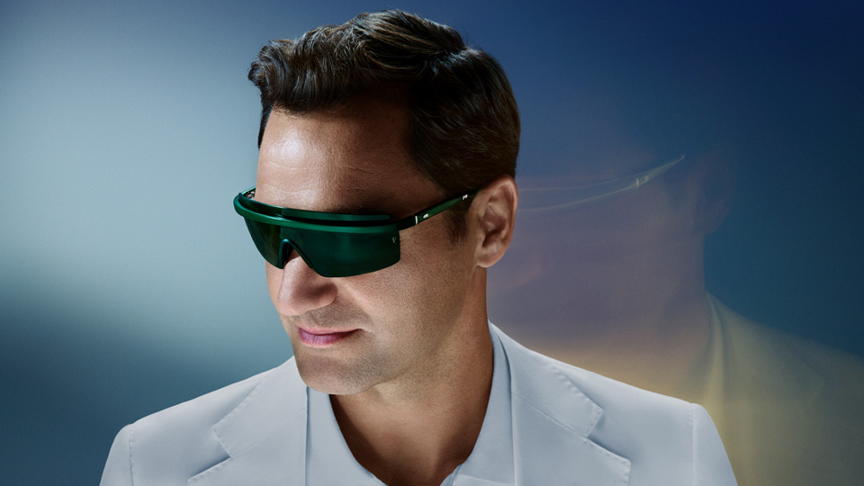 Roger Federer poses in his eyewear collection in a double-exposure photograph