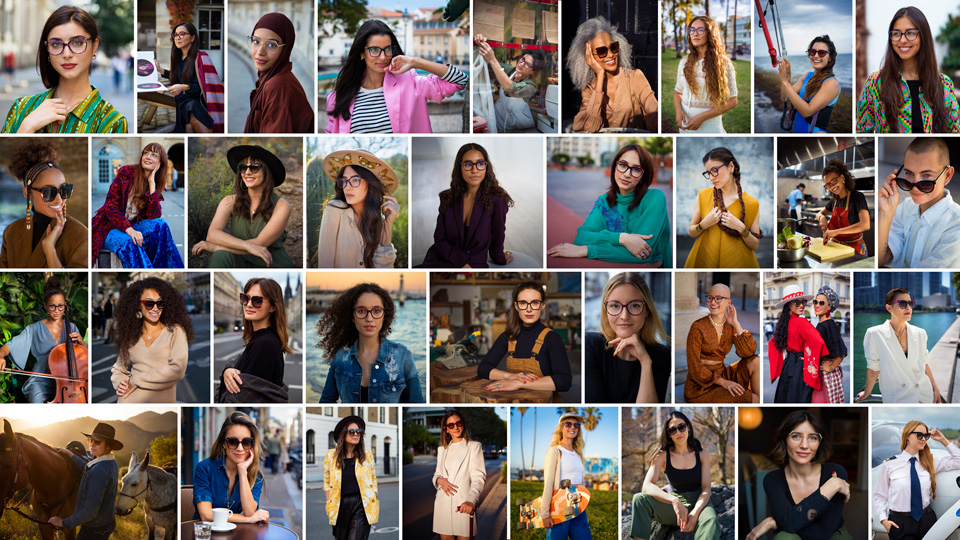 A collage of 35 small images of women wearing sunglasses or spectacles, photographed around the world. Some are pictured in workshops, one works as a chef, one holds a cello, one is leading a horse through nature as the sun sets, and another is dressed as a pilot. 