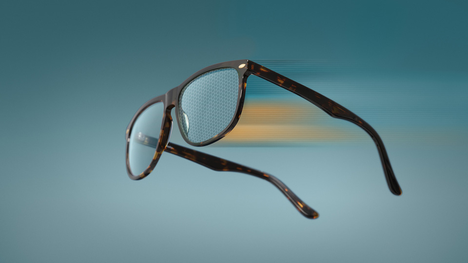 An illustration of the new photochromic lenses in a sunglasses frame