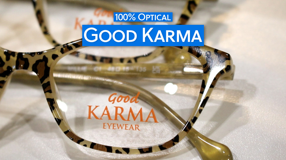 A close up of Good Karma’s ‘Amelia’ spectacles – the frame has a slight cat’s eye shape and is in a leopard print pattern