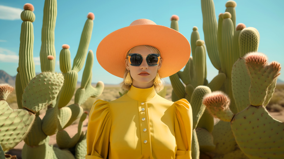 A woman stands in a desert environment, surrounded by cacti, she wears large cat’s-eye sunglasses in navy and orange, and wears a yellow dress and large peach sunhat 