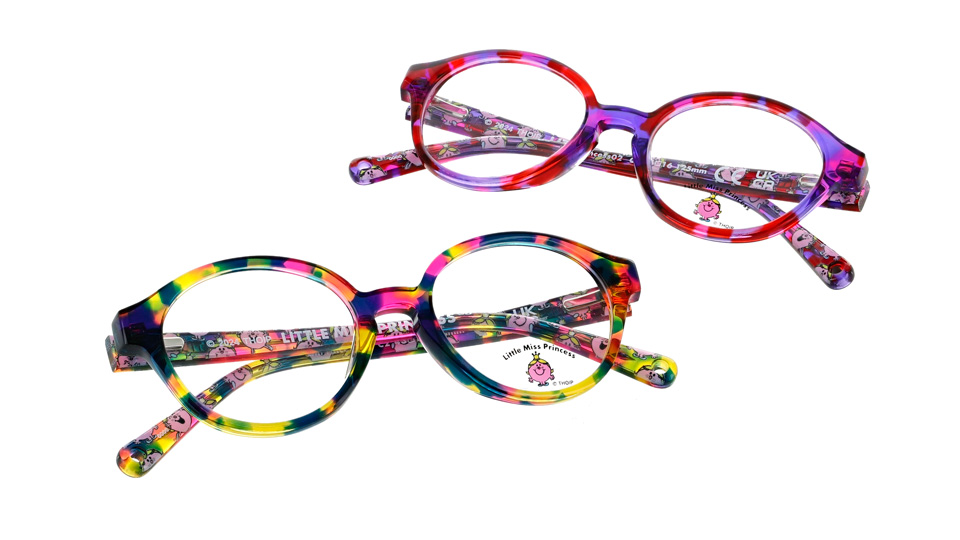 Two pairs of colourful children’s spectacles with a sticker on one lens reading “Little Miss Princess’ 