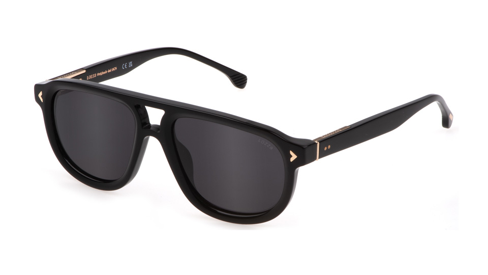 A pair of aviator style sunglasses in black with gold detailing on the hinges and temples 