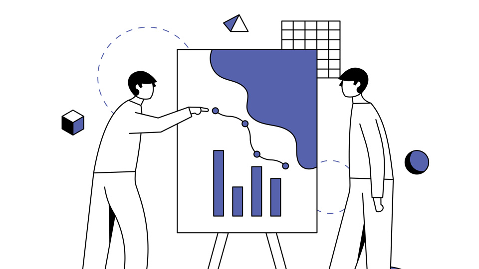 Illustration in a blue-purple, white, and black, of two people looking at graphs on poster paper