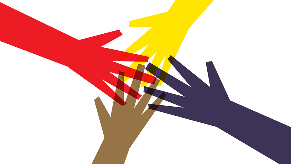 Colourful cartoon hands reach for each other on a white background