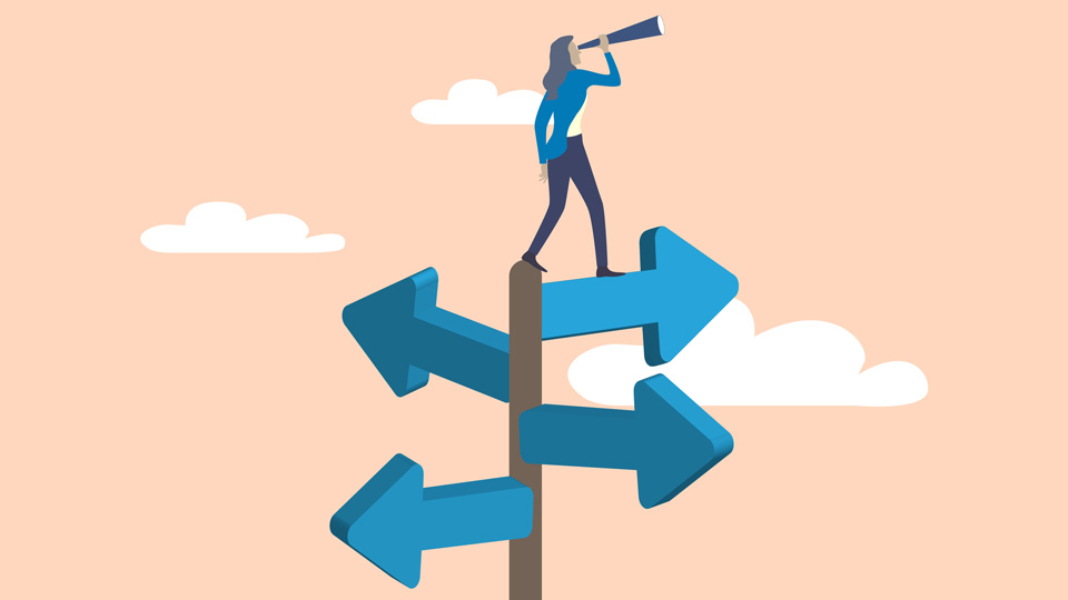 Illustration of post with arrows and a lady standing on top of the post  