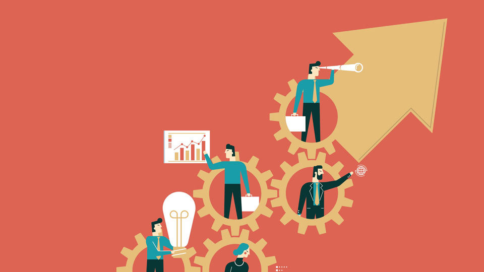 Illustration of people standing by cogs 