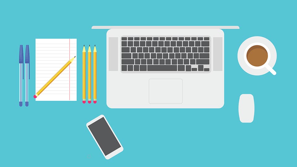 An illustration of a laptop, notebook, pens, smartphone and coffee on a sky blue background
