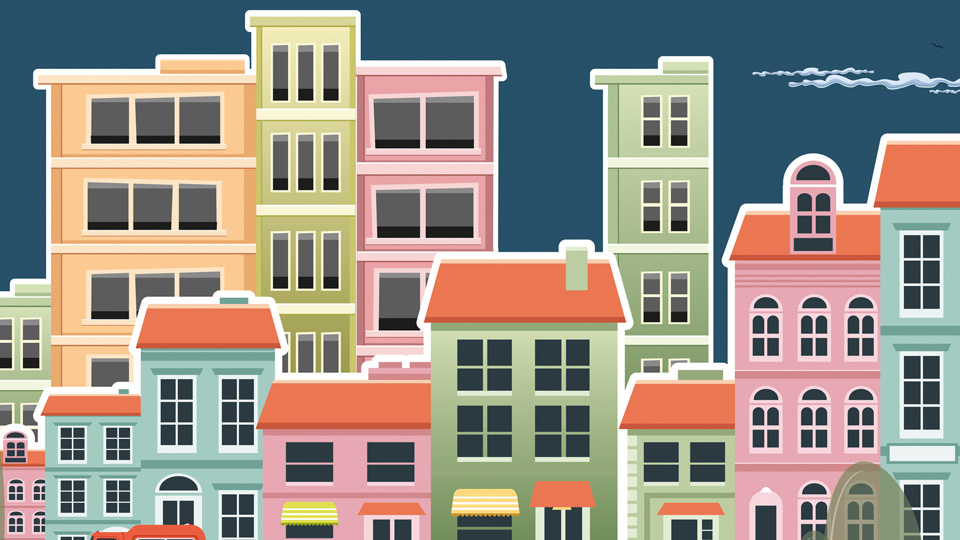 Illustration of shop fronts and cars  