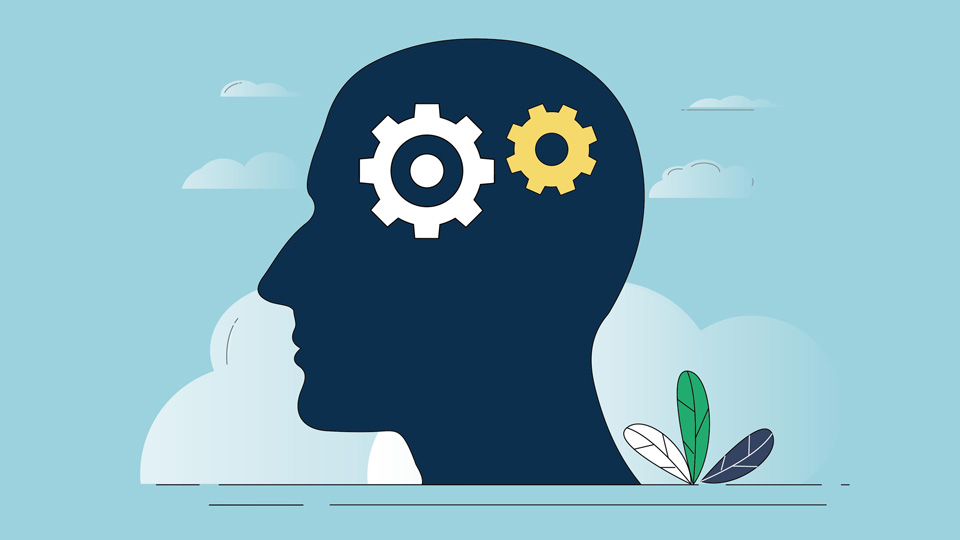 Illustration of a head silhouette with two cogs inside it