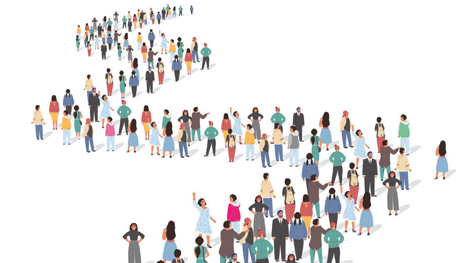 Illustration of people gathering in a curved line  
