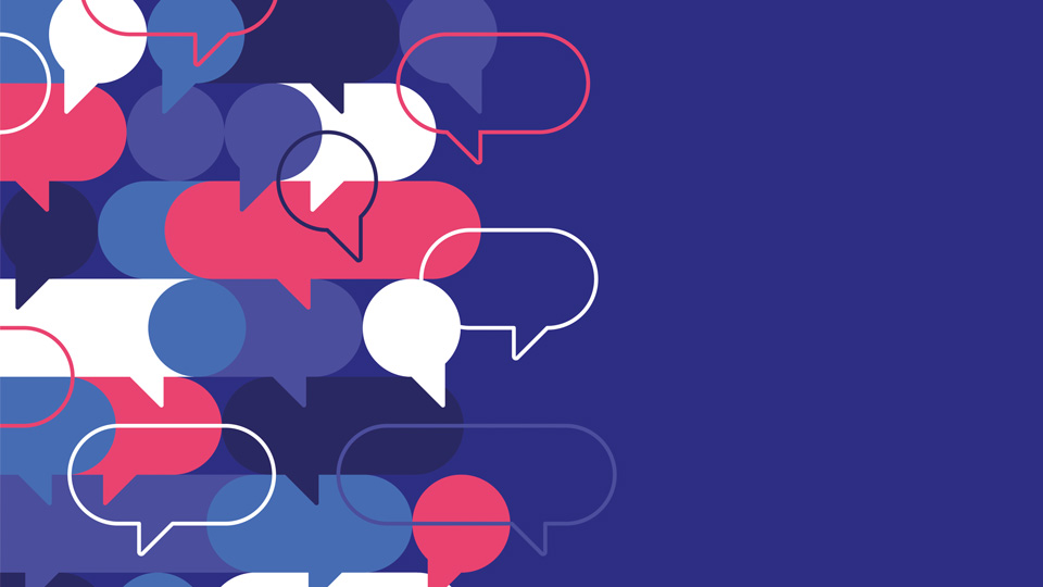 On a royal blue background, speech bubbles of different sizes and different shades of white, blue, and a bright pink