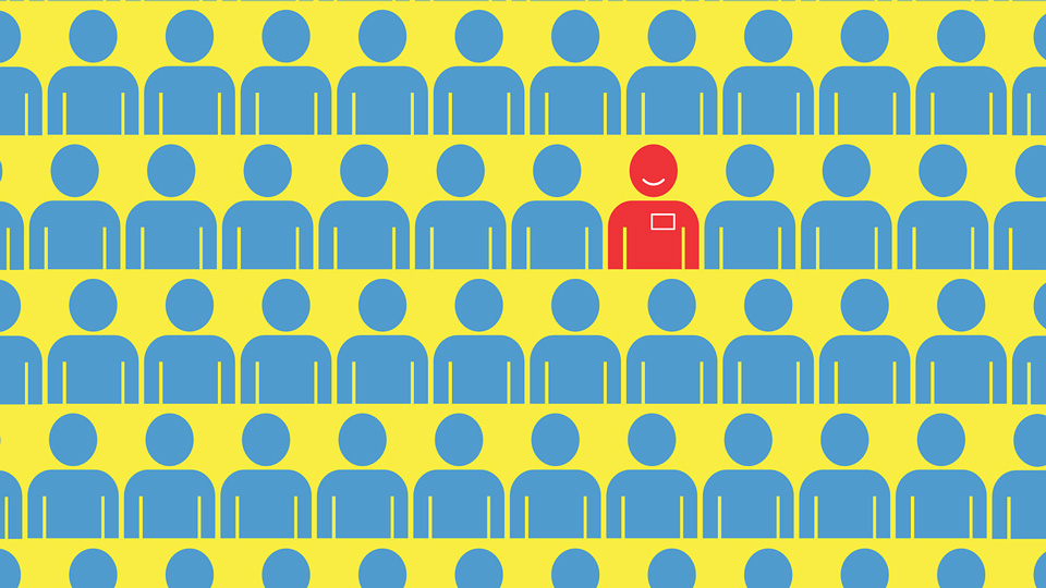 A graphic of 60 stick people in blue, with one person in red with the outline of a badge  