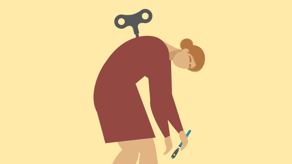 animation of a person slumped over with a wind up key in their back 