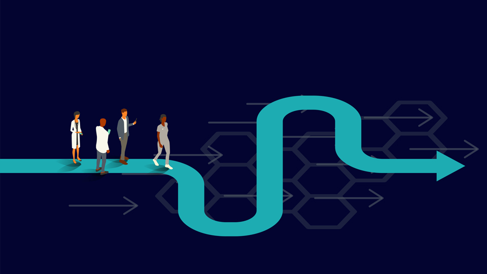 Four healthcare professionals stand on a meandering, curving, forward arrow, illustrating the concept of progress in the medical field. 