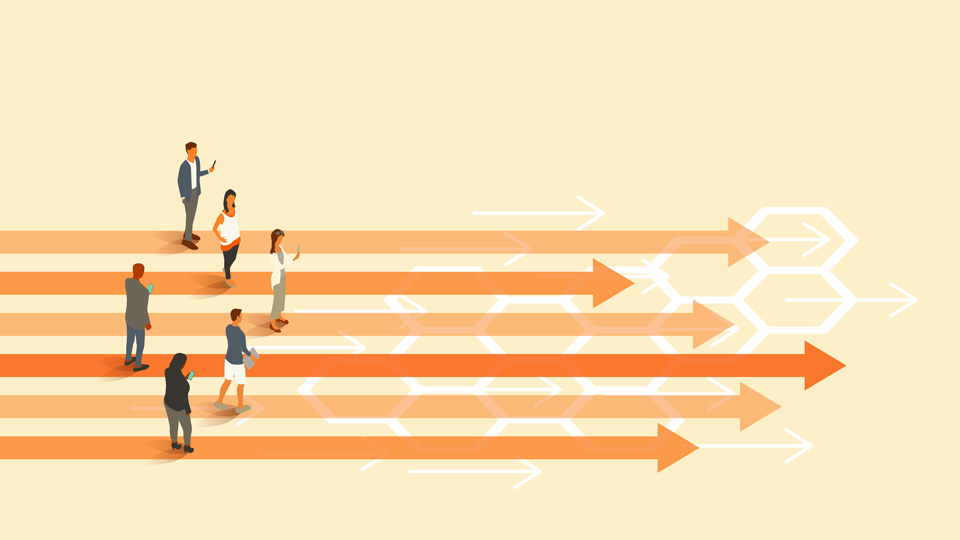 People stand on a set of straight arrows pointing forward (from left to right), illustrating individual and group progress. Translucent orange arrows and lines appear on a warm-colored cream background