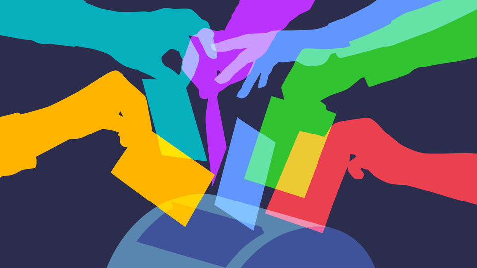 Colourful overlapping silhouettes of people’s hands as they cast their votes in a ballot box