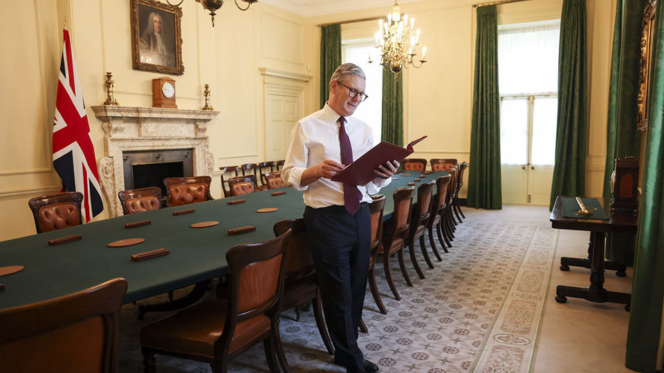 Prime Minister Keir Starmer reads through his King's Speech in the cabinet office in 10 Downing Street