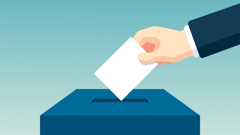 Blue vector image of a businessman’s hand posting a voting slip into a ballot box