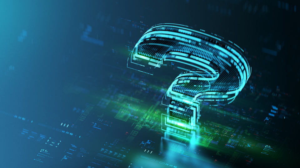 Digital question hologram on blue future tech background